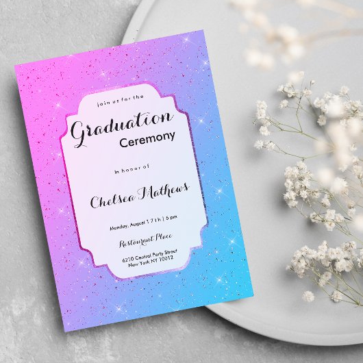 ピンクエレガントティール(緑がかった色)グラデーショングリッターラグジュアリー卒業 招待状