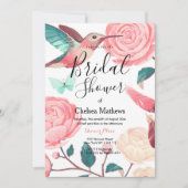 ピンクエレガントティール(緑がかった色)ハミングバードフローラブライダルシャワー 招待状 (正面)