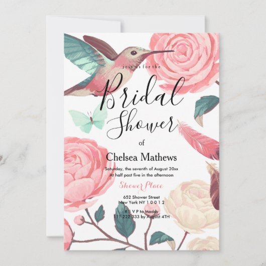 ピンクエレガントティール（緑がかった色）ハミングバードフローラブライダルシャワー 招待状 (正面)