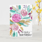 ピンクエレガントティール（緑がかった色）フローラ水彩ハッピーバースデー カード (黄色い花)