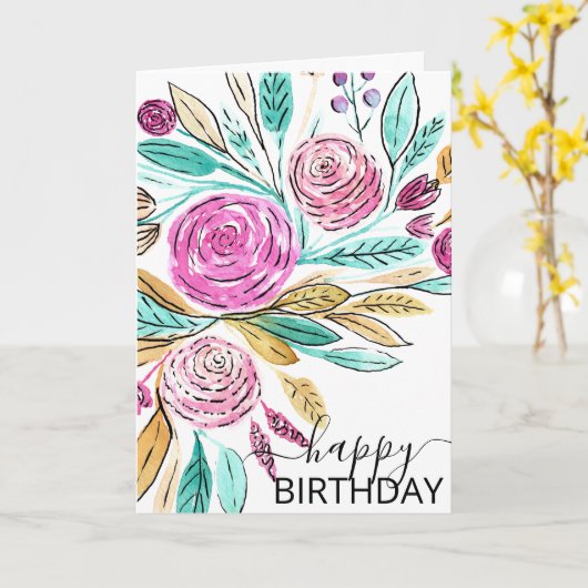 ピンクエレガントティール(緑がかった色)フローラ水彩ハッピーバースデー カード (黄色い花)