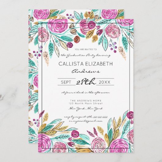 ピンクエレガントティール（緑がかった色）フローラ水色卒業 招待状 (正面/裏面)