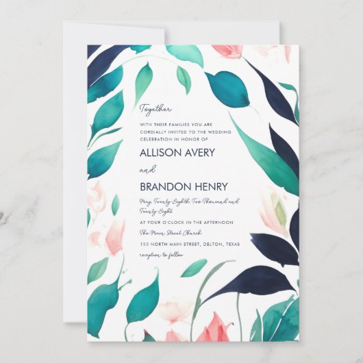 ピンクエレガントティール（緑がかった色）ブルー水離れ色結婚の 招待状 (正面)