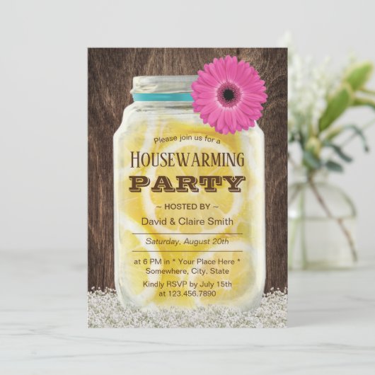 ピンクエレガントデイジーレモネードジャー引っ越し祝いパーティーパーティー 招待状 (スタンド正面)