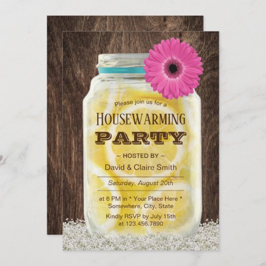 ピンクエレガントデイジーレモネードジャー引っ越し祝いパーティーパーティー 招待状 (正面/裏面)