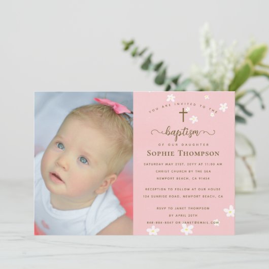 ピンクエレガントデイジー女子宗教洗礼写真 招待状 (スタンド正面)