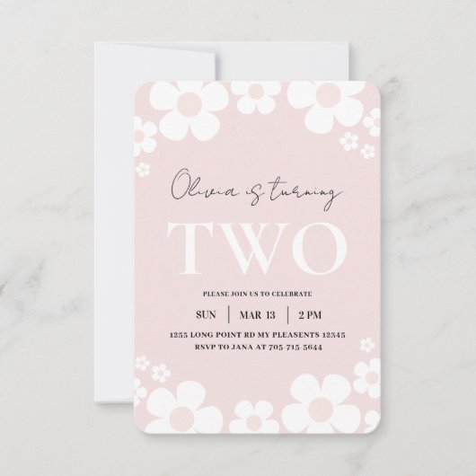 ピンクエレガントデイジー子供の誕生日フローラ誕生日 招待状 (正面)