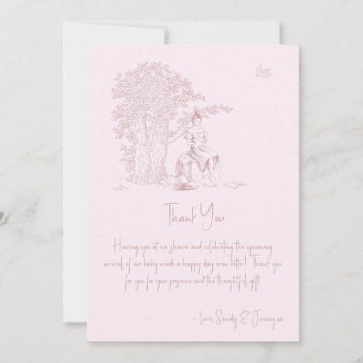 ピンクエレガントトイルジョイ赤ちゃんシャワー予約リクエスト サンキューカード (正面)