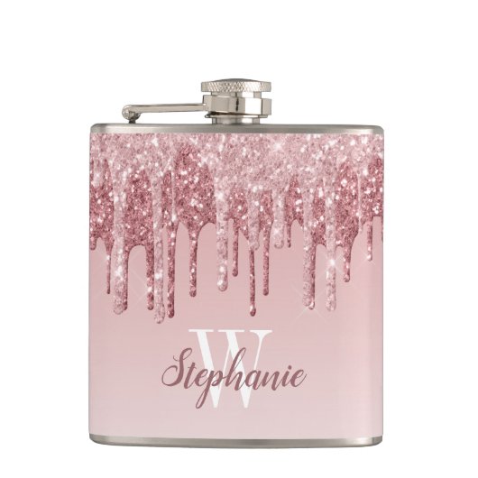 ピンクエレガントドリップグリッターモノグラフェイクム フラスク (正面)