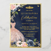 ピンクエレガントネイビーフローラティアラドレスキンセアニェラ 箔招待状 (正面)