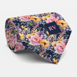 ピンクエレガントネイビーブルーウォーター色の花 ネクタイ