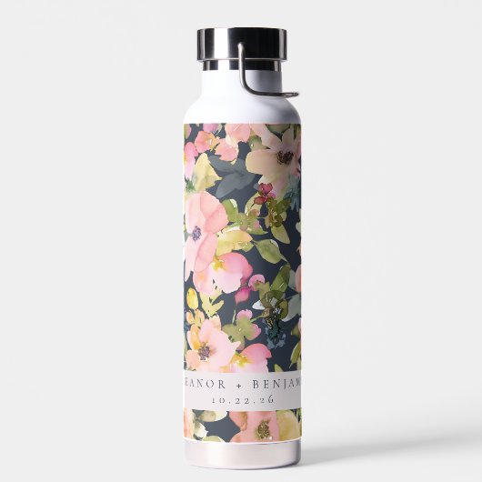 ピンクエレガントネイビー水色フローラカスタムウェディング ウォーターボトル (左面)