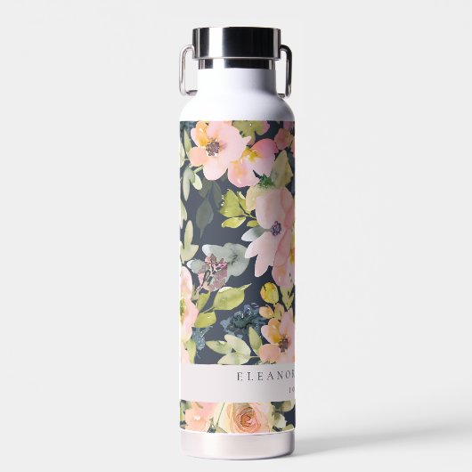 ピンクエレガントネイビー水色フローラカスタムウェディング ウォーターボトル (正面)
