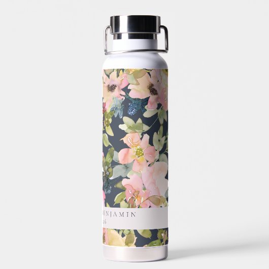 ピンクエレガントネイビー水色フローラカスタムウェディング ウォーターボトル (背面)