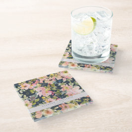 ピンクエレガントネイビー水色フローラカスタムウェディング ガラスコースター