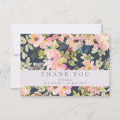 ピンクエレガントネイビー水色フローラカスタムウェディング サンキューカード (正面)