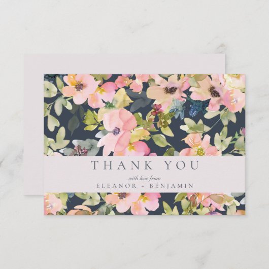 ピンクエレガントネイビー水色フローラカスタムウェディング サンキューカード (正面/裏面)
