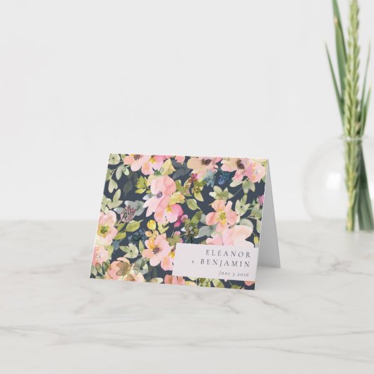 ピンクエレガントネイビー水色フローラカスタムウェディング サンキューカード (正面)