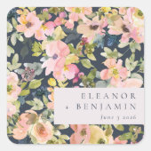 ピンクエレガントネイビー水色フローラカスタムウェディング スクエアシール (正面)