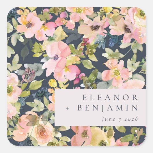 ピンクエレガントネイビー水色フローラカスタムウェディング スクエアシール (正面)