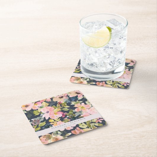 ピンクエレガントネイビー水色フローラカスタムウェディング スクエアペーパーコースター (インサイチュ)