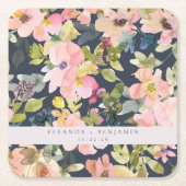 ピンクエレガントネイビー水色フローラカスタムウェディング スクエアペーパーコースター (正面)