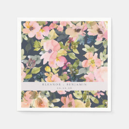 ピンクエレガントネイビー水色フローラカスタムウェディング スタンダードカクテルナプキン
