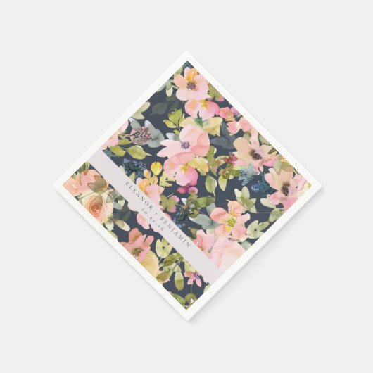 ピンクエレガントネイビー水色フローラカスタムウェディング スタンダードカクテルナプキン (角)