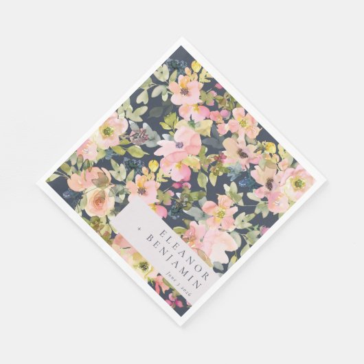 ピンクエレガントネイビー水色フローラカスタムウェディング スタンダードランチョンナプキン (角)