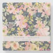 ピンクエレガントネイビー水色フローラカスタムウェディング ストーンコースター (正面)