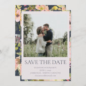 ピンクエレガントネイビー水色フローラカスタムウェディング セーブザデート (正面/裏面)