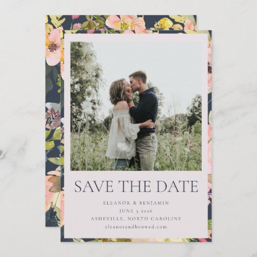 ピンクエレガントネイビー水色フローラカスタムウェディング セーブザデート (正面/裏面)