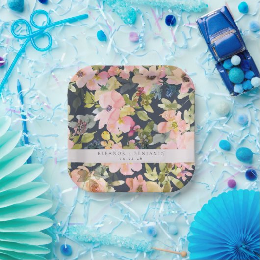 ピンクエレガントネイビー水色フローラカスタムウェディング ペーパープレート (パーティー)