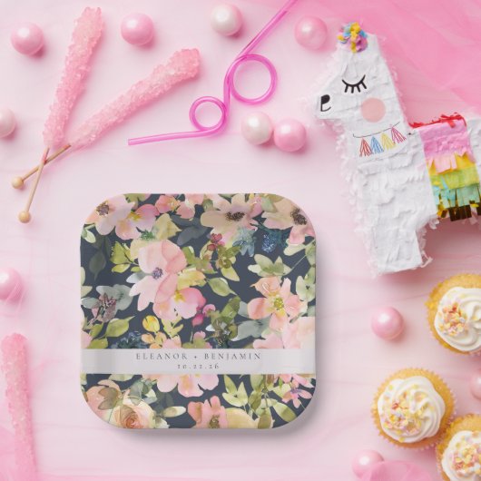 ピンクエレガントネイビー水色フローラカスタムウェディング ペーパープレート (パーティー)