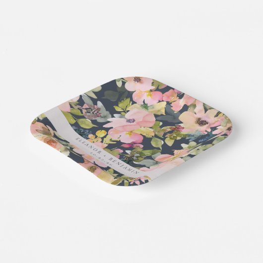 ピンクエレガントネイビー水色フローラカスタムウェディング ペーパープレート (傾斜あり)