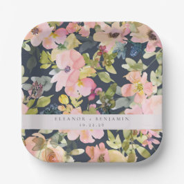 ピンクエレガントネイビー水色フローラカスタムウェディング ペーパープレート