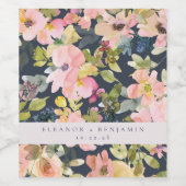 ピンクエレガントネイビー水色フローラカスタムウェディング ワインラベル (シングルラベル)