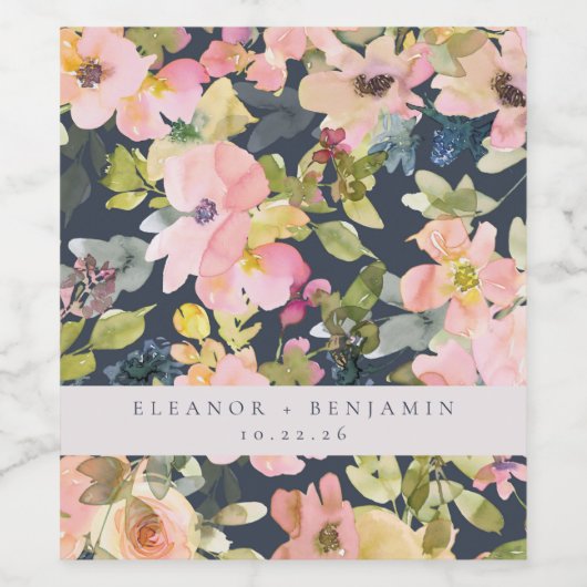 ピンクエレガントネイビー水色フローラカスタムウェディング ワインラベル (シングルラベル)