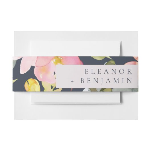 ピンクエレガントネイビー水色フローラカスタムウェディング 招待状ベリーバンド (正面例)