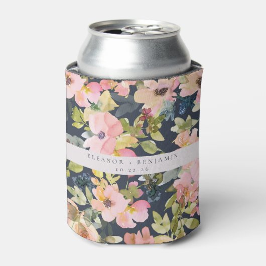 ピンクエレガントネイビー水色フローラカスタムウェディング 缶クーラー (缶正面)