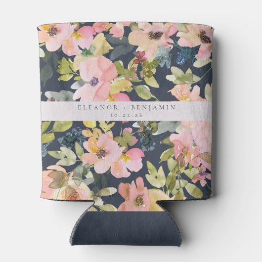 ピンクエレガントネイビー水色フローラカスタムウェディング 缶クーラー (裏面)