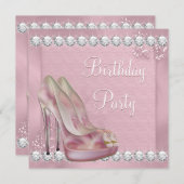 ピンクエレガントハイヒールシューバースデーパーティー 招待状 (正面/裏面)