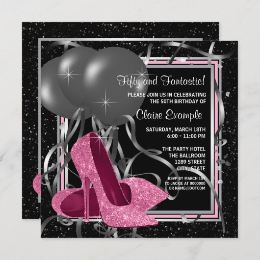 ピンクエレガントハイヒール誕生会 招待状 (正面/裏面)