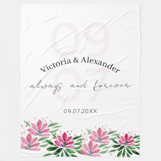 ピンクエレガントハスの花の水彩アート フリースブランケット (正面)