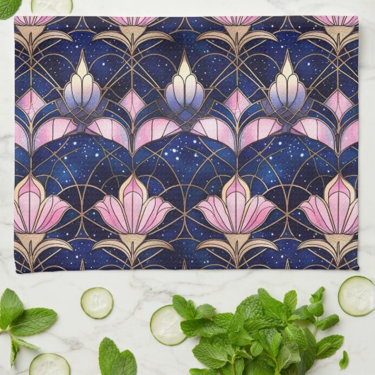 ピンクエレガントハスフェイクステンドグラス模様 キッチンタオル (折り畳み)