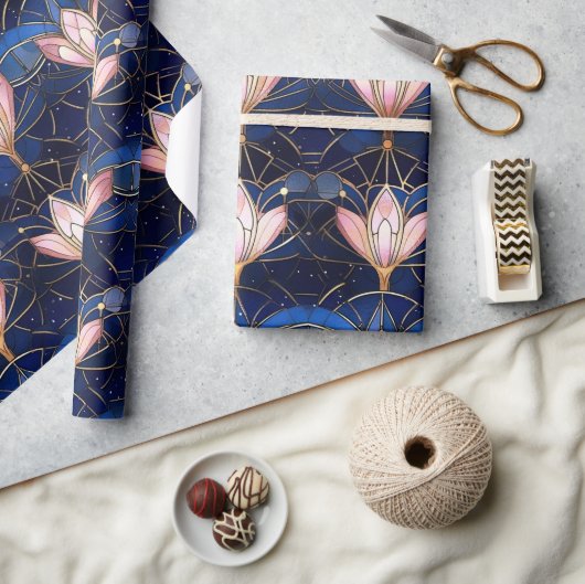 ピンクエレガントハスフェイクステンドグラス模様 ラッピングペーパー (クラフト)