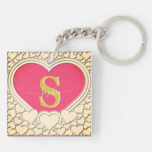 ピンクエレガントハートとイニシャル、名前スタイリッシュ キーホルダー (裏面)