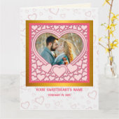 ピンクエレガントハートハッピーバレンタインデースタイリッシュ カード (黄色い花)