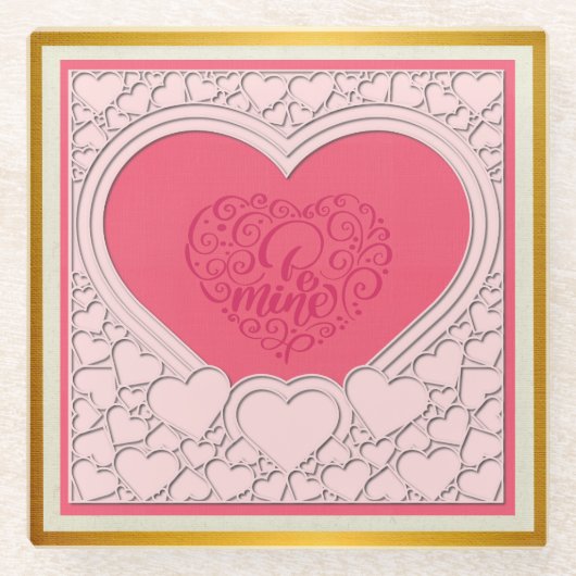 ピンクエレガントハートハッピーバレンタインデースタイリッシュ ガラスコースター (正面)