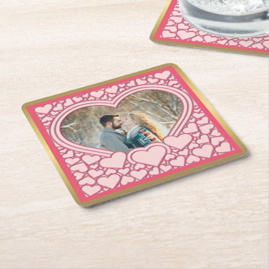 ピンクエレガントハートハッピーバレンタインデースタイリッシュ スクエアペーパーコースター (アングル)